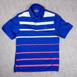 VINEYARD VINES Performance Men's Medium Polo Blue‎ with White Pink Striped